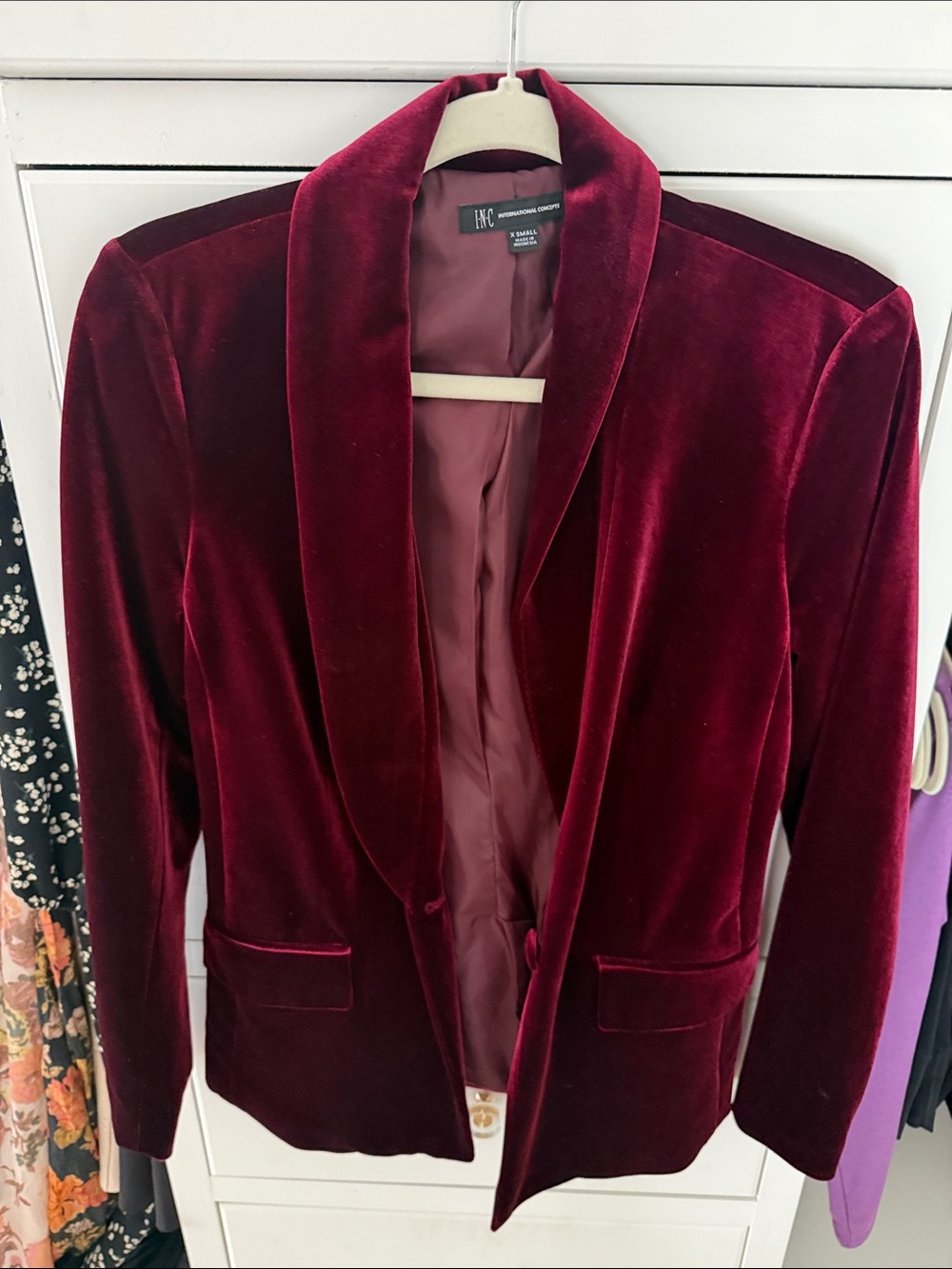 INC International Concepts Deep Wine Velvet Blazer with Shawl Collar